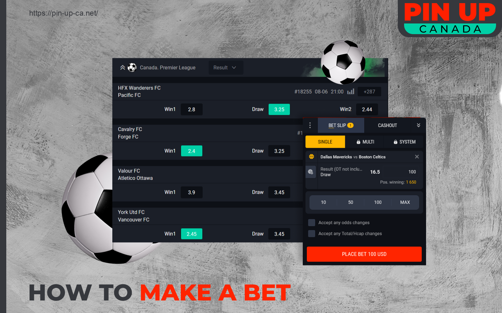 To start betting, players from Canada must go to the Sports section, select an event and specify a bet amount